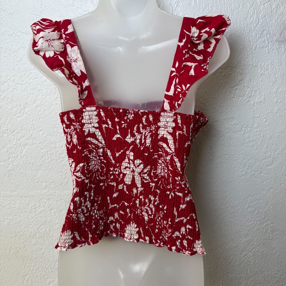 Old Navy Red Floral Fully Smocked Ruffle Strap Top Size L Boho‎ Milkmaid Prairie - Picture 2 of 7